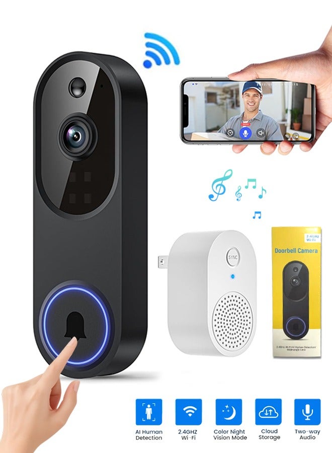 SUNDAREE 1080P Wireless Video Doorbell Camera, Night Vision, Cloud Storage, 2.4GHz Wi-Fi Only, Smart AI Human Detection, Real-Time Alert, 2-Way Audio, Battery Powered - Image 1